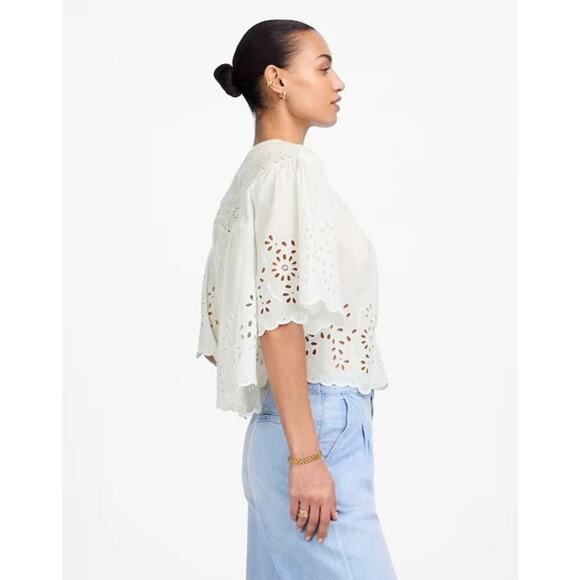 Madewell White Embroidered Shirred Henley Eyelet Top NWT Size S - Picture 2 of 9